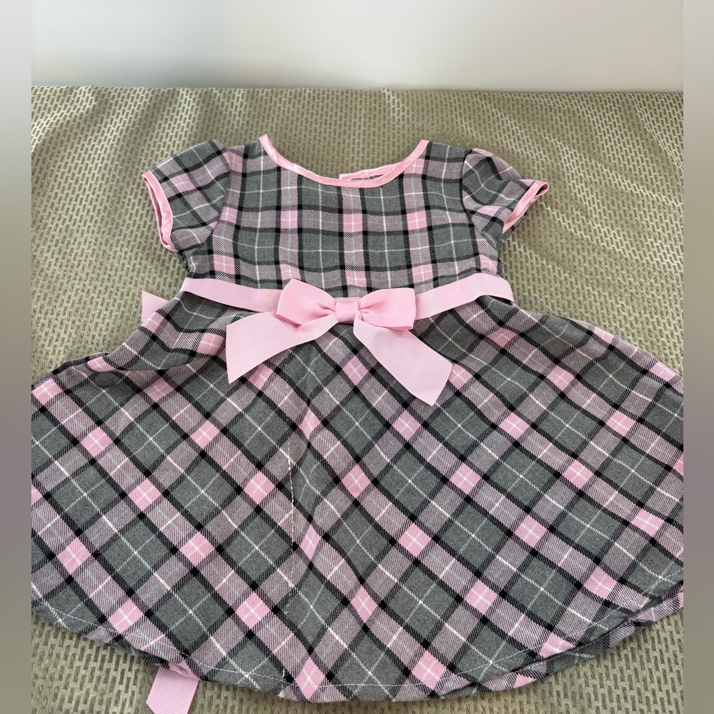 Jenny & Me Baby Girl Pink & Gray Plaid Party Dress with Front Bow Back Tie 18M